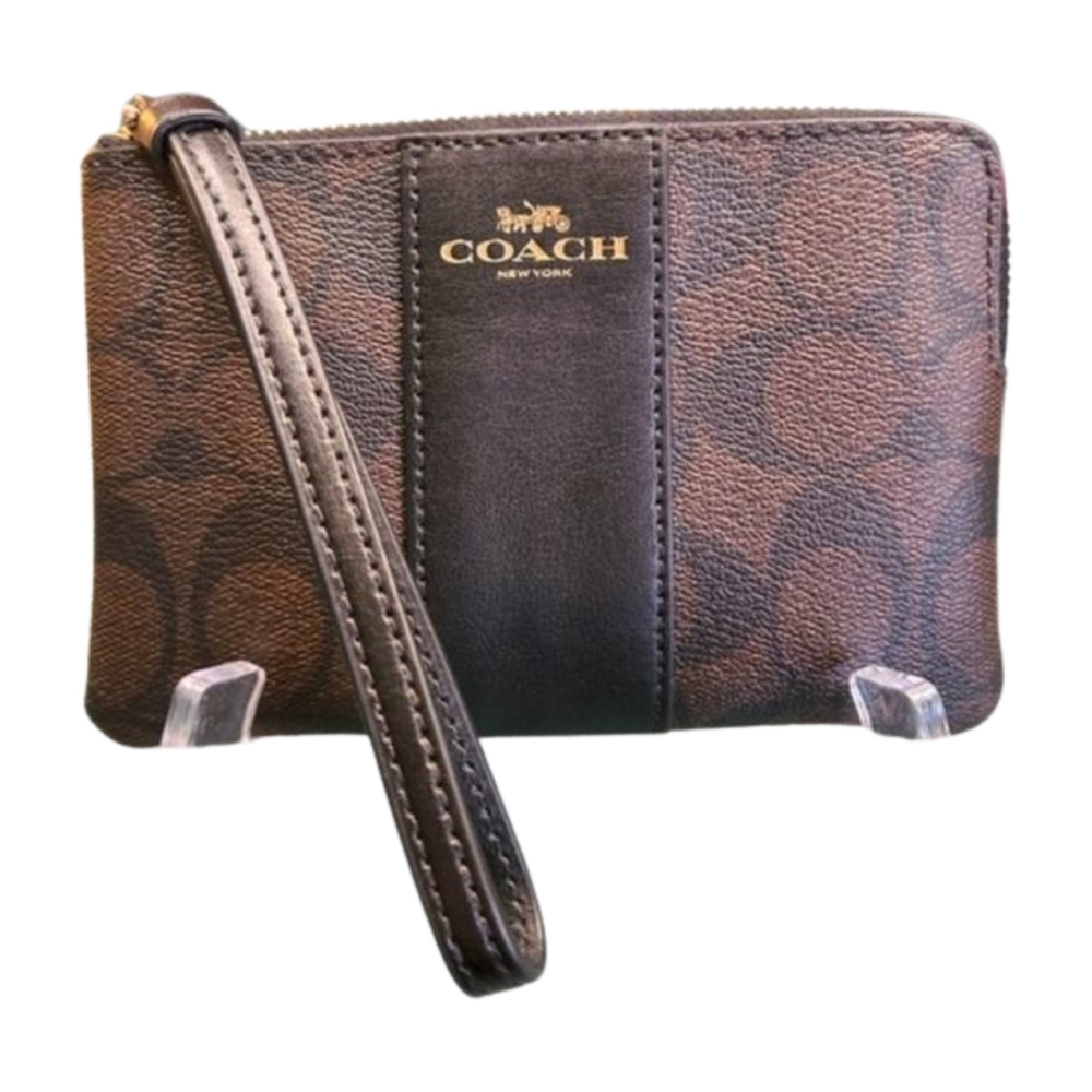 COACH Corner Zip Wristlet Signature C Canvas With Stripe Brown And Black